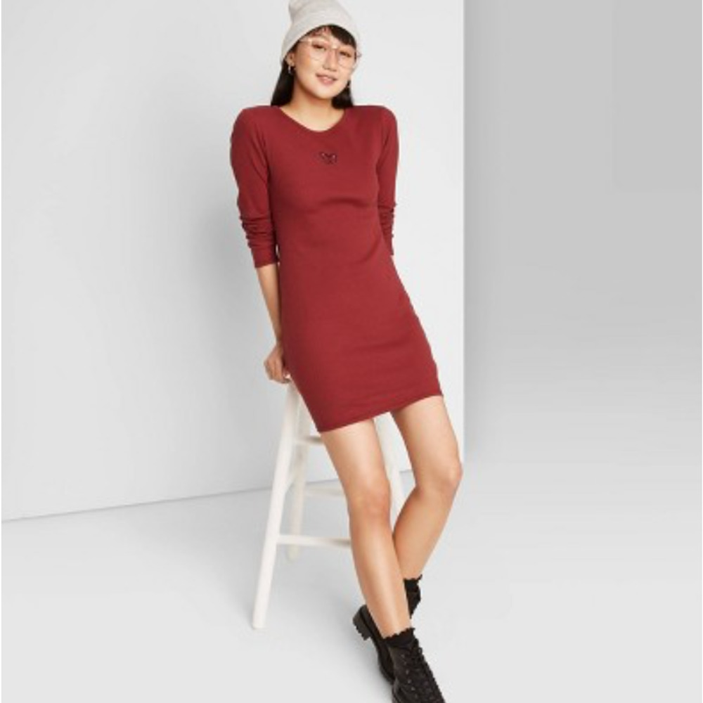Women's Long Sleeve Bodycon Dress - Wild Fable; Red Embroidered M